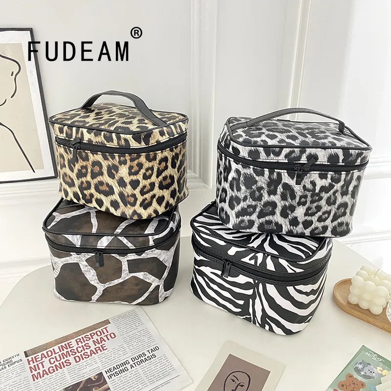 FUDEAM Leather Leopard Women Cosmetic Bag Multifunction Travel Toiletries Storage Organize Handbag Waterproof Female Makeup Case